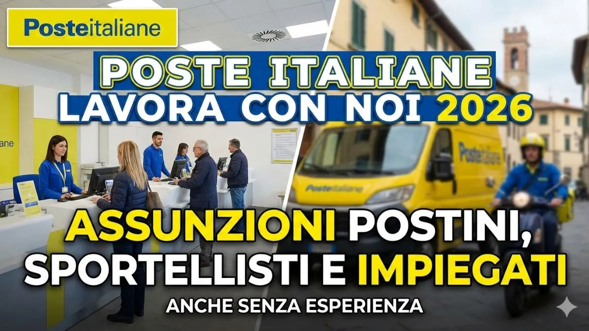 Make me proffessional and engaging thumbnail "wide" and large and good : Poste Italiane Lavora con Noi 2026: Assunzioni Postini, Sportellisti e Impiegati anche senza esperienza