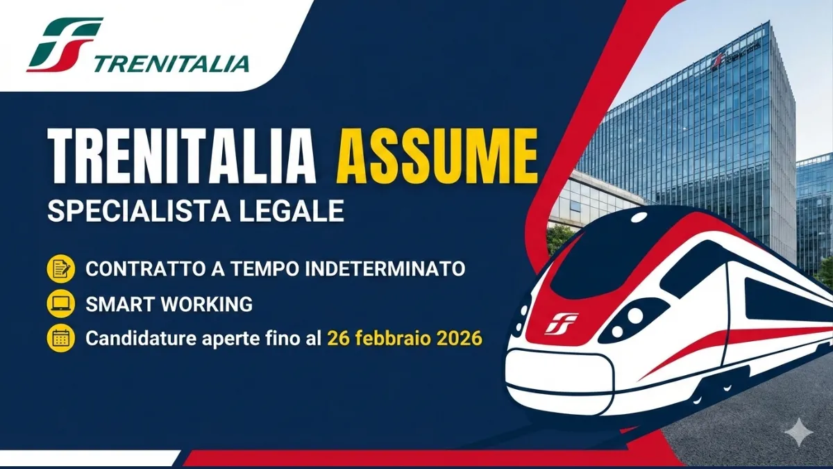Trenitalia assume Specialista Legale: contratto a tempo indeterminato e smart working Candidature aperte fino al 26 febbraio 2026.